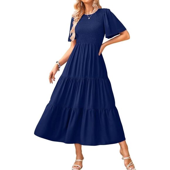 NEW Blue KIRUNDO Flutter Short Sleeve Midi Dress Smocked Tiered M - Picture 1 of 7